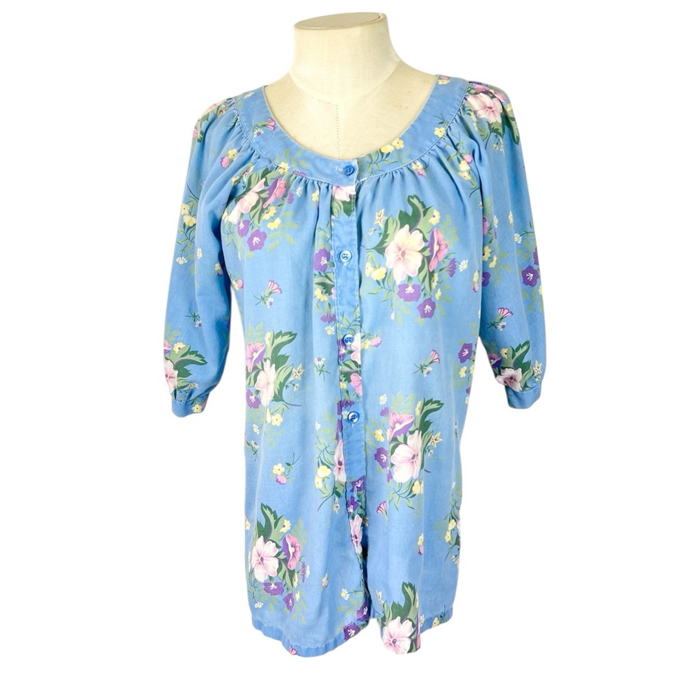Vintage Cheryl Tiegs floral blouse puff sleeves size 10 blue cottagecore